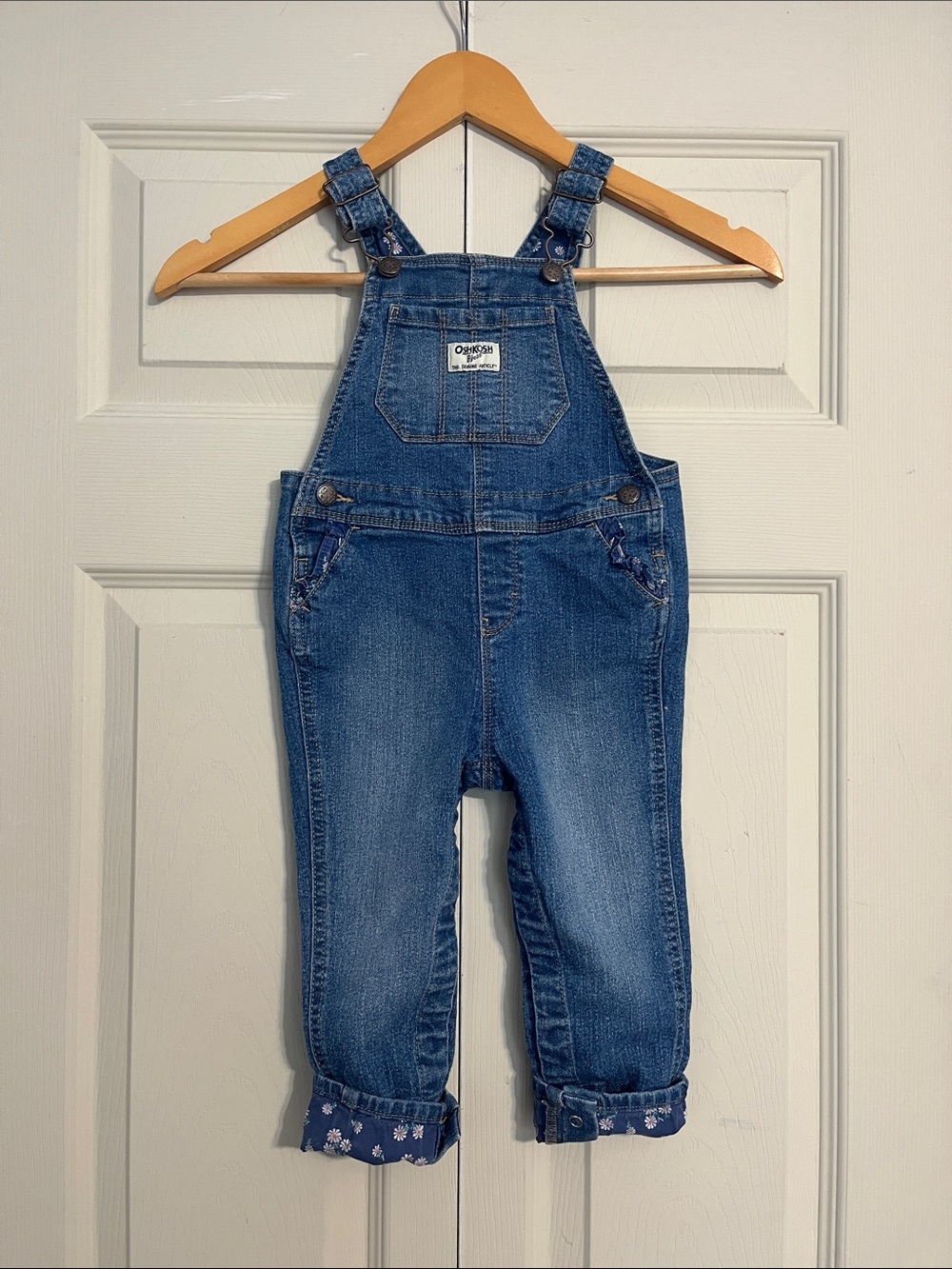 OshKosh B'gosh Blue Denim Overalls with Floral Cuff